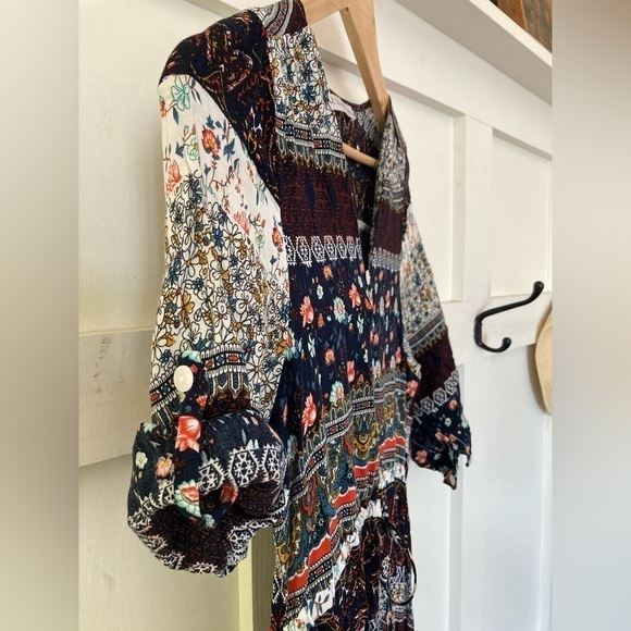 R. Vivimos button down boho maxi dress split skirt tab sleeves hobo chic print - Picture 8 of 13